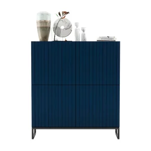 Dressoir met 4 deuren – Romp Mat marineblauw, geribbelde fronten Mat marineblauw – 112 cm, zwart metalen frame Dressoir met 4 deuren – Romp Mat marineblauw, geribbelde fronten Mat marineblauw – 112 cm, zwart metalen frame