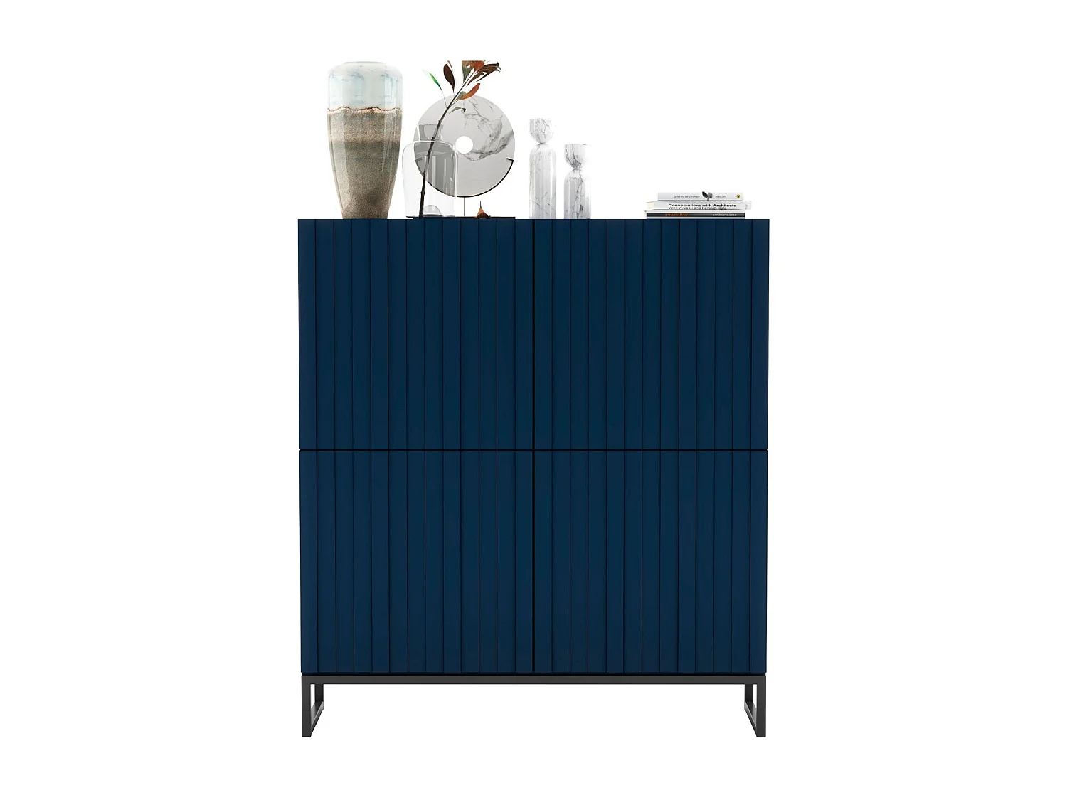 Dressoir met 4 deuren - Romp Mat marineblauw, geribbelde fronten Mat marineblauw - 112 cm, zwart metalen frame