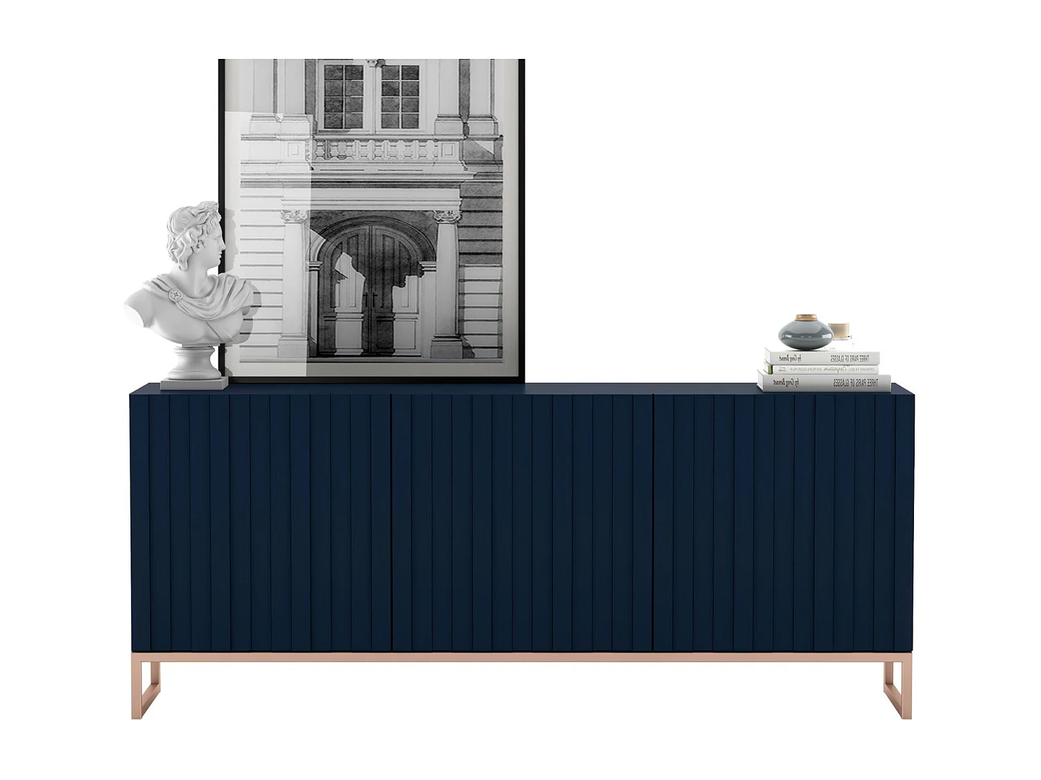 Dressoir met 3 deuren - Mat marineblauwe korpus, geribbelde mat marineblauwe fronten - 168 cm, metalen frame