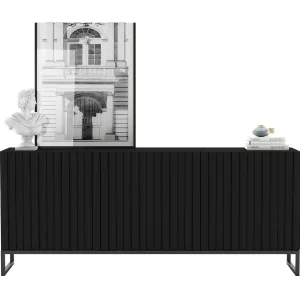 Dressoir met 3 deuren – Mat zwarte romp, geribbelde matzwarte fronten – 168 cm, zwart metalen frame Dressoir met 3 deuren – Mat zwarte romp, geribbelde matzwarte fronten – 168 cm, zwart metalen frame
