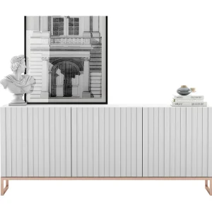Dressoir met 3 deuren – Mat witte korpus, mat wit geribbelde fronten – 168 cm, metalen frame Dressoir met 3 deuren – Mat witte korpus, mat wit geribbelde fronten – 168 cm, metalen frame