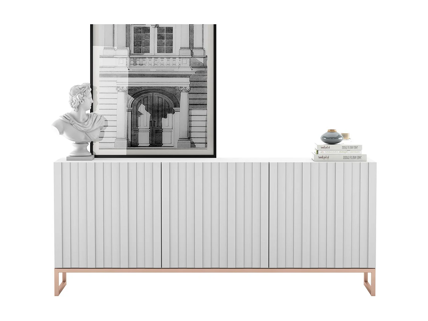 Dressoir met 3 deuren - Mat witte korpus, mat wit geribbelde fronten - 168 cm, metalen frame
