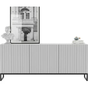 Dressoir met 3 deuren – Mat wit corpus, geribbelde fronten mat wit – 168 cm, zwart metalen frame Dressoir met 3 deuren – Mat wit corpus, geribbelde fronten mat wit – 168 cm, zwart metalen frame
