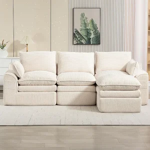 Driezitsbank (met voetensteun), van corduroy, met kussens en zijvakken, vulling van schuim en veren, beige Driezitsbank (met voetensteun), van corduroy, met kussens en zijvakken, vulling van schuim en veren, beige