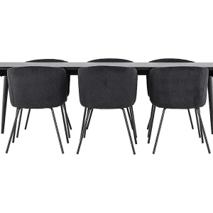 Ellis eethoek tafel 85x230cm en 6 fluwelen stoelen met armleuningen zwart.