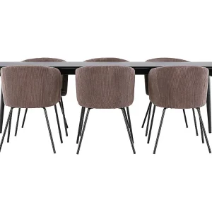 Ellis eethoek tafel 85x230cm en 6 fluwelen stoelen met armleuningen zwart.