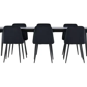 Ellis eethoek tafel 85x230cm en 6 velours stoelen zwart.