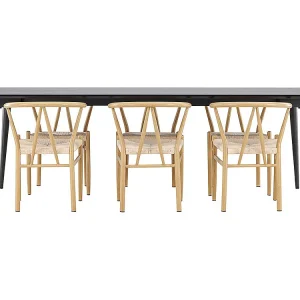Ellis eethoek tafel 85x230cm en 6 rattan stoelen met armleuningen stapelbaar zwart.