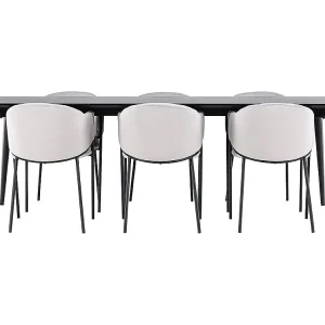 Ellis eethoek tafel 85x230cm en 6 velours stoelen met armleuningen zwart.