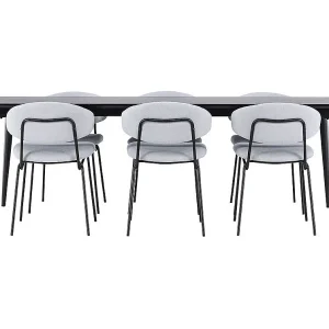Ellis eethoek tafel 85x230cm en 6 bouclé stoelen zwart.