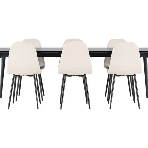 Ellis eethoek tafel 85x230cm en 6 velours stoelen zwart.