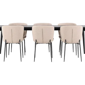 Ellis eethoek tafel 85x230cm en 6 bouclé stoelen zwart.