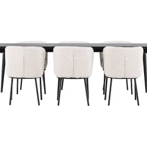 Ellis eethoek tafel 85x230cm en 6 bouclé stoelen zwart.