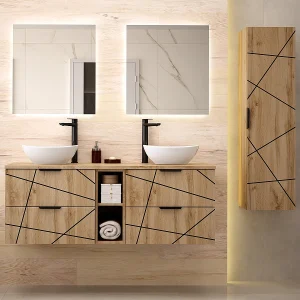 Ensemble meuble dubbele wastafel 140cm 2 nissen en kolom Teren Hout
