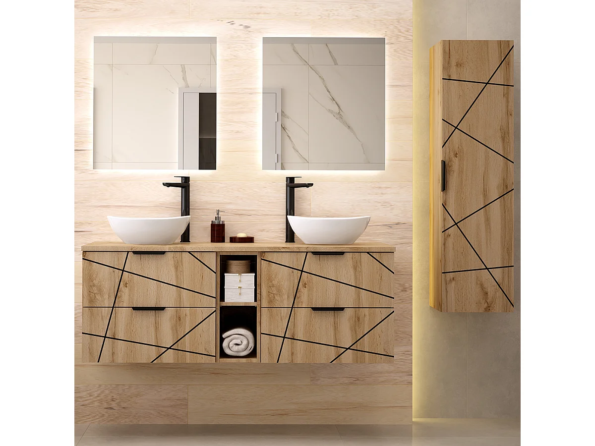 Ensemble meuble dubbele wastafel 140cm 2 nissen en kolom Teren Hout