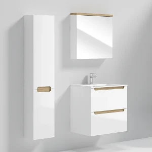 Enkele wastafel 60cm 2 laden en sokkel Livia Wit en Hout Enkele wastafel 60cm 2 laden en sokkel Livia Wit en Hout