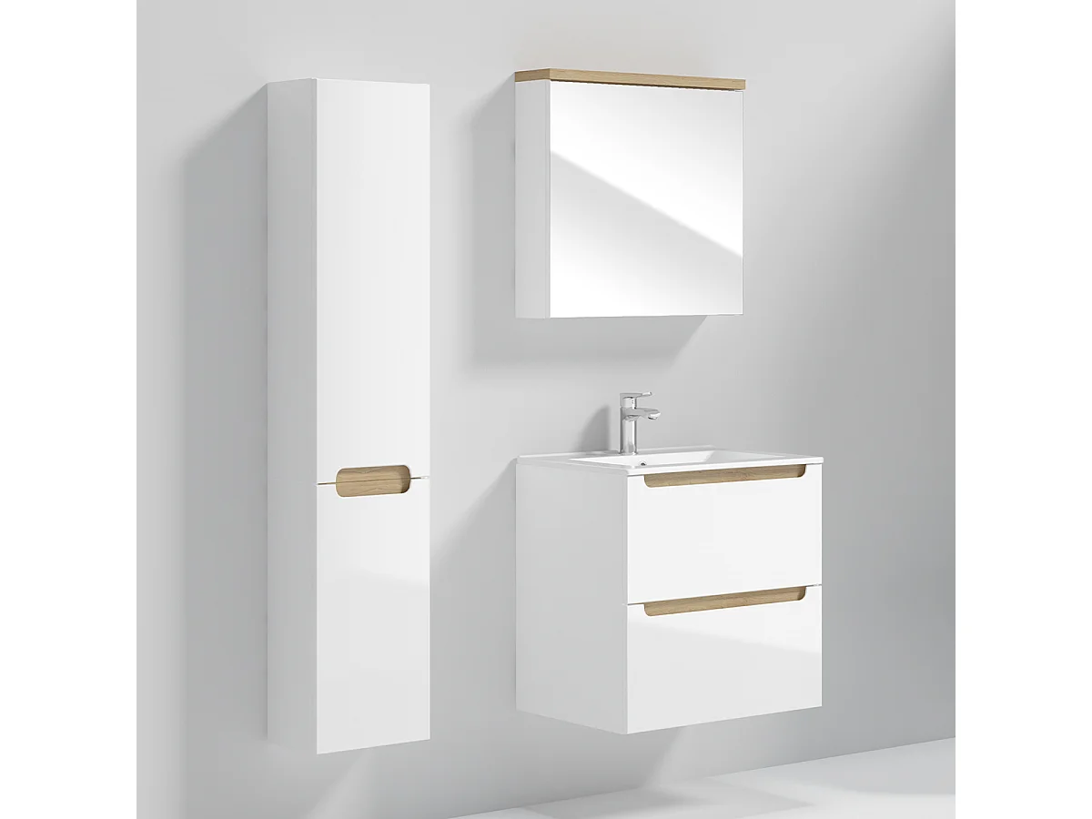Enkele wastafel 60cm 2 laden en sokkel Livia Wit en Hout