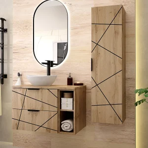 Ensemble meuble enkele wastafel 80cm 2 nissen en zuil Teren Hout