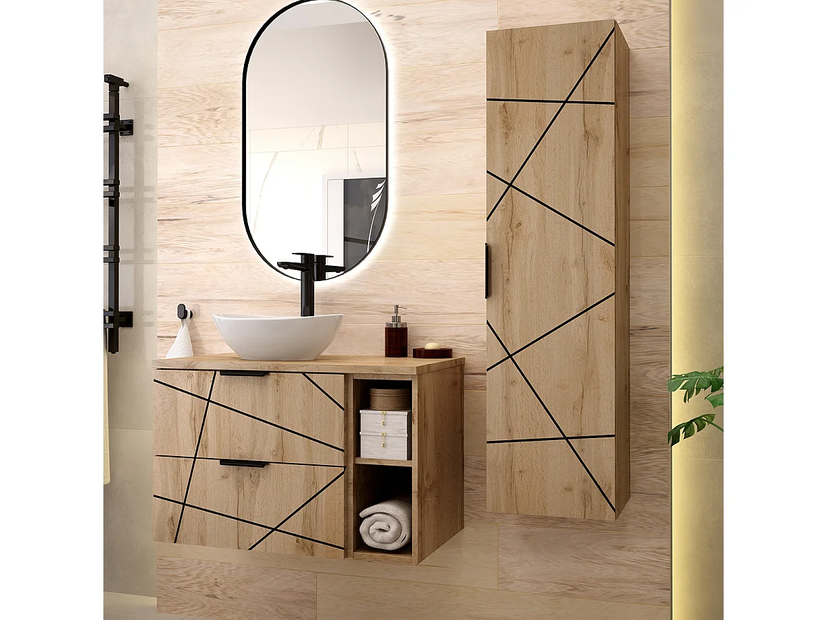Ensemble meuble enkele wastafel 80cm 2 nissen en zuil Teren Hout