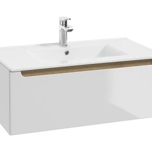 Meuble simple vasque encastrée 80cm 1 tiroir Livia Blanc et Bois