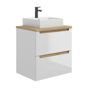 Enkele wastafel 60cm 2 laden Livia Wit en Hout Enkele wastafel 60cm 2 laden Livia Wit en Hout