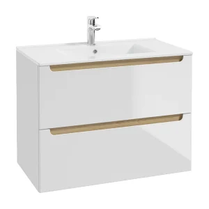 Meuble simple vasque encastrée 80cm 2 tiroirs Livia Blanc et Bois