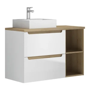 Enkele wastafel 90cm 2 nissen Livia Wit en Hout Enkele wastafel 90cm 2 nissen Livia Wit en Hout