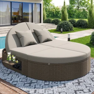 Dubbele rotan chaise longue met bijzettafel, klaptafel voor 2 personen, individueel verstelbare hoeken Dubbele rotan chaise longue met bijzettafel, klaptafel voor 2 personen, individueel verstelbare hoeken