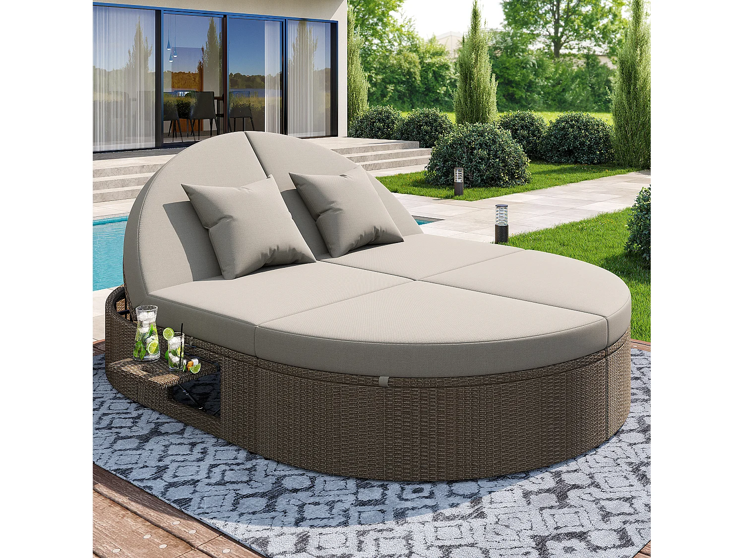 Dubbele rotan chaise longue met bijzettafel, klaptafel voor 2 personen, individueel verstelbare hoeken