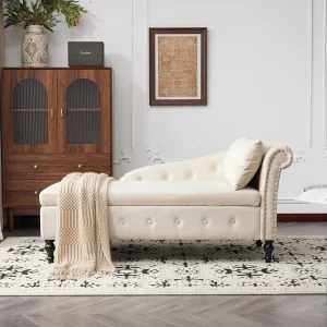 Fluwelen chaise longue met klinknagels en stiksels, opbergruimte, kussen en rechter armleuning