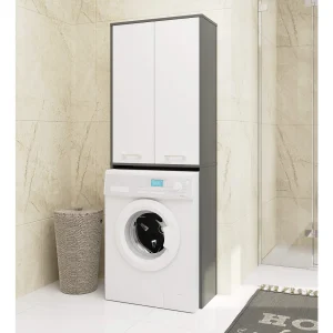 Badkamerkast voor Wasmachine FIN / Hoge Wasmachinekast met 2 Deuren / AKORD Furniture Factory / Grafietgrijs – Wit / 64 x 180 x 30 cm