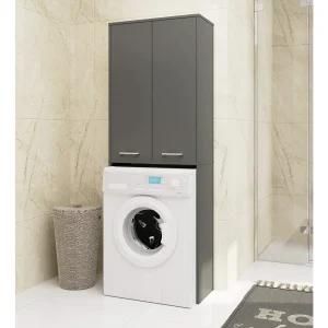 Badkamerkast voor Wasmachine FIN / Hoge Wasmachinekast met 2 Deuren / AKORD Furniture Factory / Grafietgrijs / 64 x 180 x 30 cm