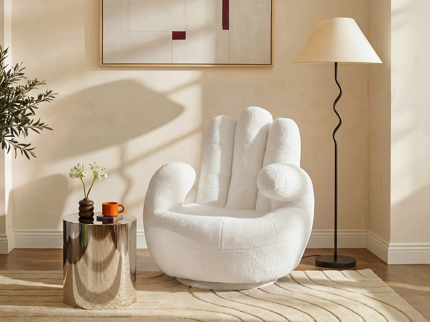 Draaiende fauteuil hand van imitatiebont CATCHY - Wit