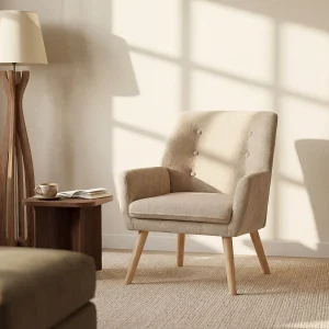 Fauteuil van beige stof. Scandinavische stijl. SERINO Fauteuil van beige stof. Scandinavische stijl. SERINO