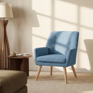 Fauteuil van blauwe stof. Scandinavische stijl. SERINO Fauteuil van blauwe stof. Scandinavische stijl. SERINO