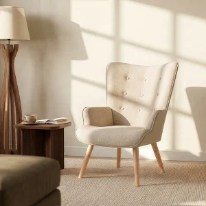 Fauteuil van beige stof met capitonnage. Scandinavische stijl. VATELY Fauteuil van beige stof met capitonnage. Scandinavische stijl. VATELY