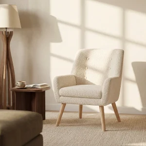 Fauteuil van witte boucléstof met Scandinavische stijl SERINO Fauteuil van witte boucléstof met Scandinavische stijl SERINO