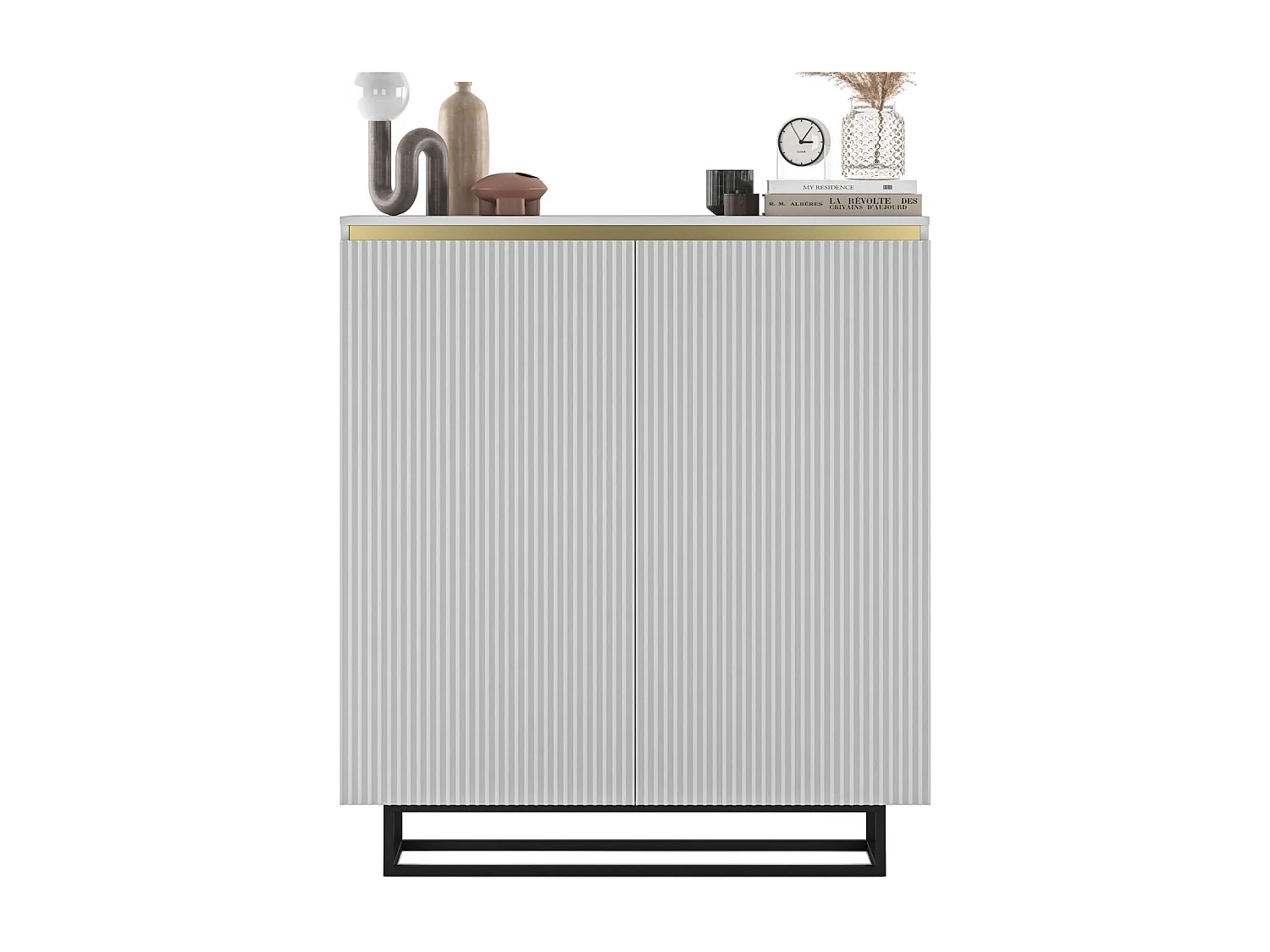 Dressoir met 2 deuren – corpus wit mat, geribbelde fronten wit mat – 110,8 cm, zwart metalen frame