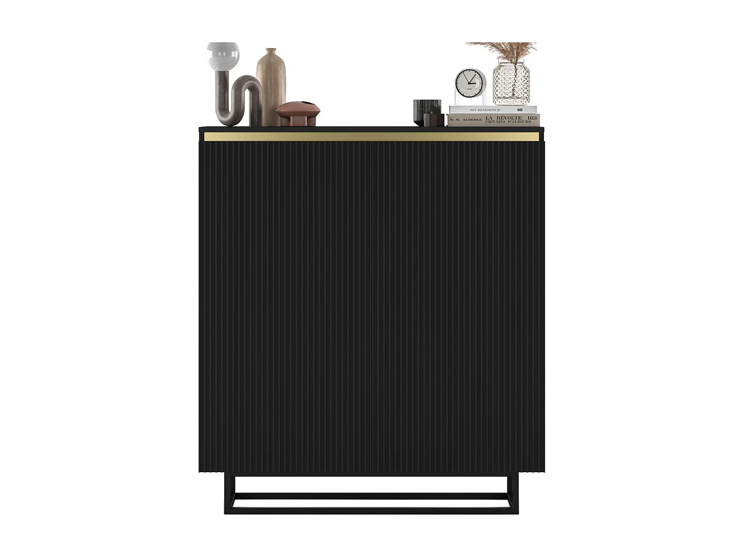 Dressoir met 2 deuren – mat zwart corpus, geribbelde fronten mat zwart – 110,8 cm, zwart metalen frame