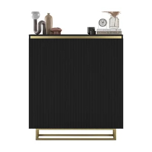 Dressoir met 2 deuren – mat zwart corpus, geribbelde fronten mat zwart – 110,8 cm, gouden metalen frame Dressoir met 2 deuren – mat zwart corpus, geribbelde fronten mat zwart – 110,8 cm, gouden metalen frame