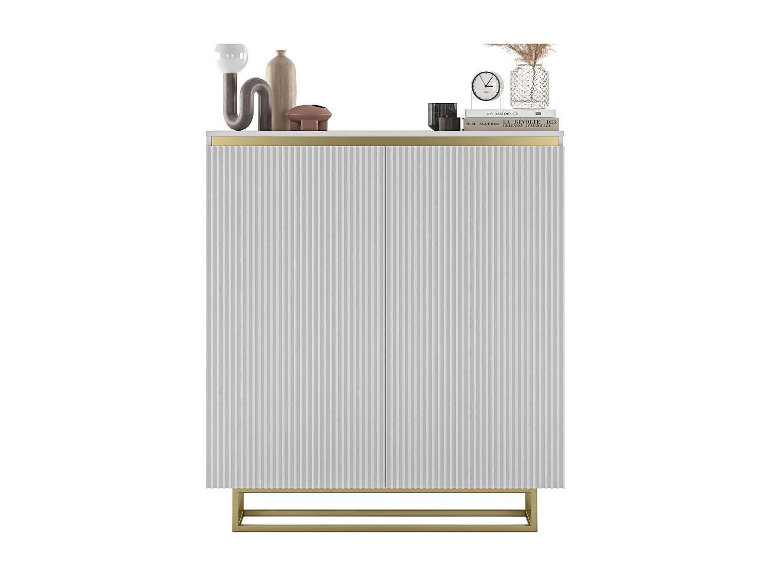 Dressoir met 2 deuren – corpus wit mat, geribbelde fronten wit mat – 110,8 cm, goudkleurig metalen frame