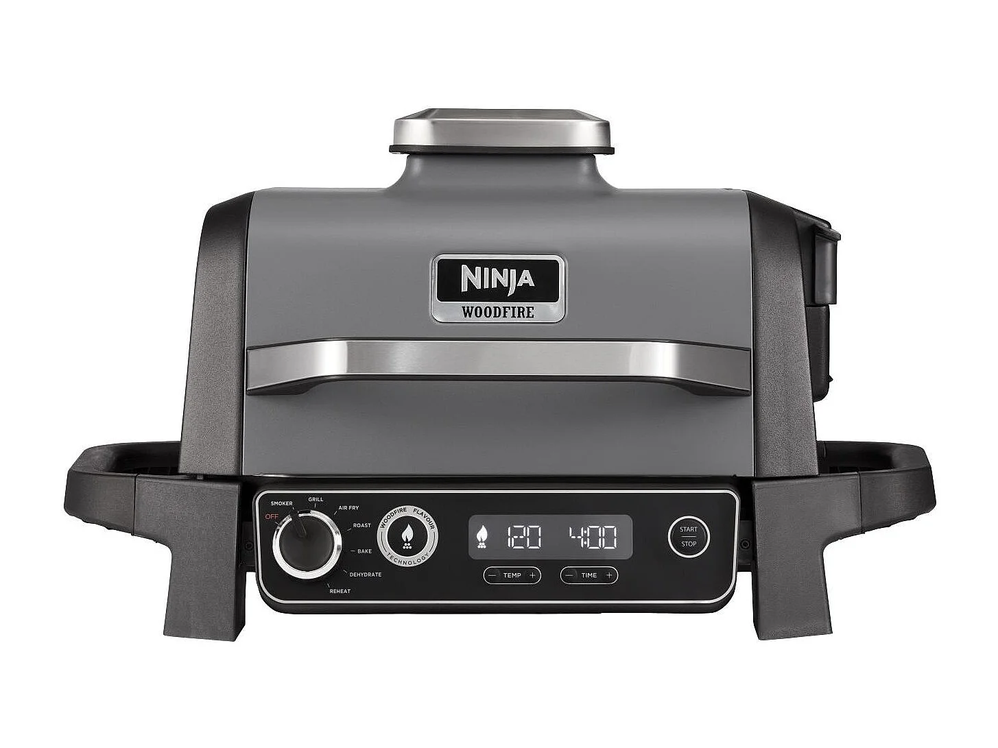 Elektrische Ninja Woodfire OG701EU barbecue met geïntegreerde roker en heteluchtfriteuse – houtvuur koken, 7 functies, 28x37 cm, grijs