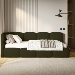 Eenpersoonsbed 120×200 – bouclé – olijfgroen – links – CLOUDY