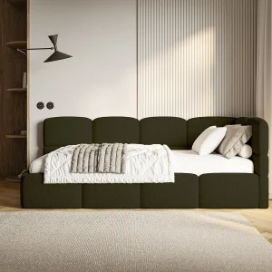 Eenpersoonsbed 120×200 – bouclé – olijfgroen – rechts – CLOUDY