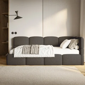 Eenpersoonsbed 120×200 – bouclé – bruin – rechts – CLOUDY