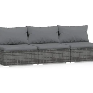 Driezitsbank met kussens poly rattan grijs