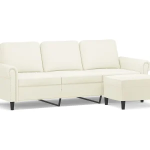 Driezitsbank met voetenbank 180 cm fluweel crèmekleurig