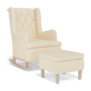 Fauteuil met schommelpoten en voetenbank stof crèmekleurig Fauteuil met schommelpoten en voetenbank stof crèmekleurig