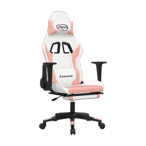 Gamestoel met voetensteun kunstleer wit en roze Gamestoel met voetensteun kunstleer wit en roze