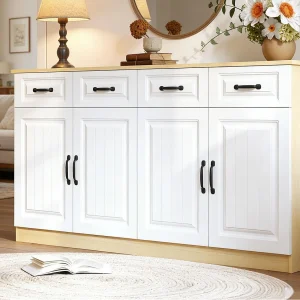Dressoir/ladekast met 4 deuren en 4 lades – 2 planken – geribbeld design – 8 metalen handgrepen – MDF – wit + naturel